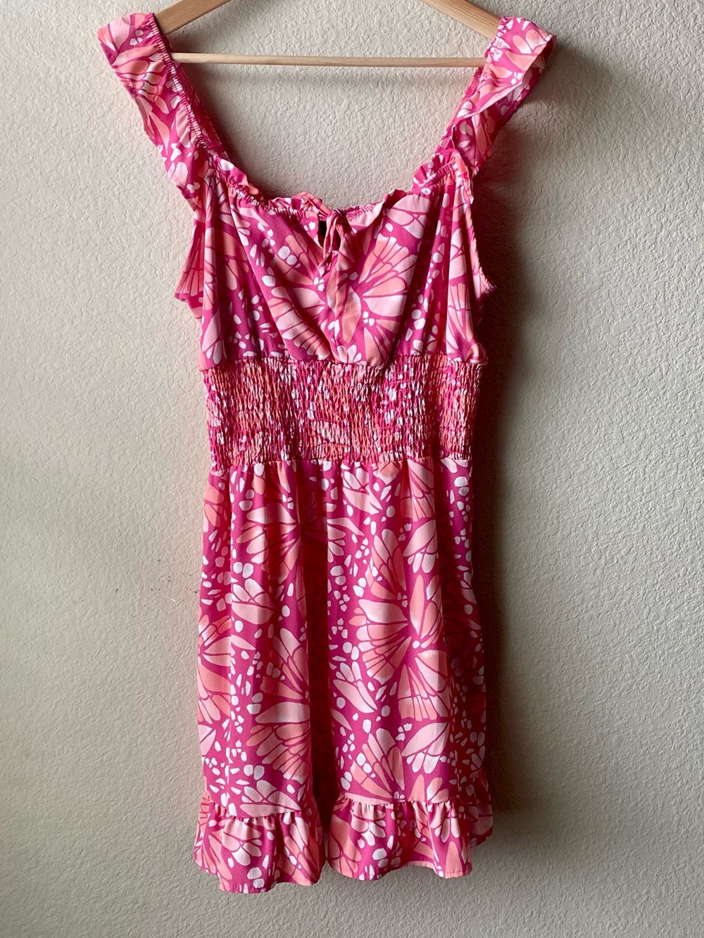 Lily Rose Dress W L Pink Floral Sleeveless Ruffled Straps and Hem Smocked Waist